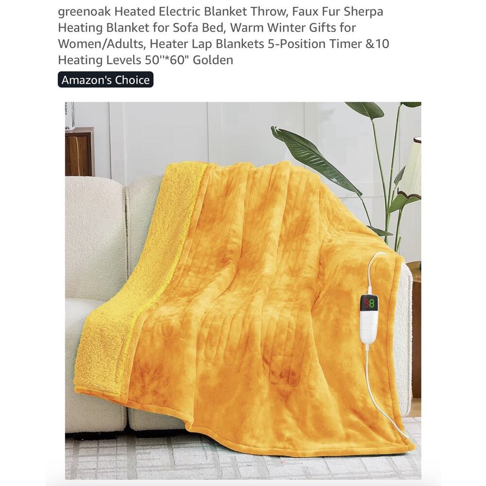 Heated Blanket Ain Golden Color 10 Speed Fast Heating Washable, Throw 50x60